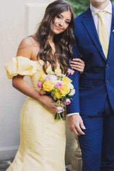 Strapless Satin Yellow Prom Dress Mermaid Pleated Formal Wears